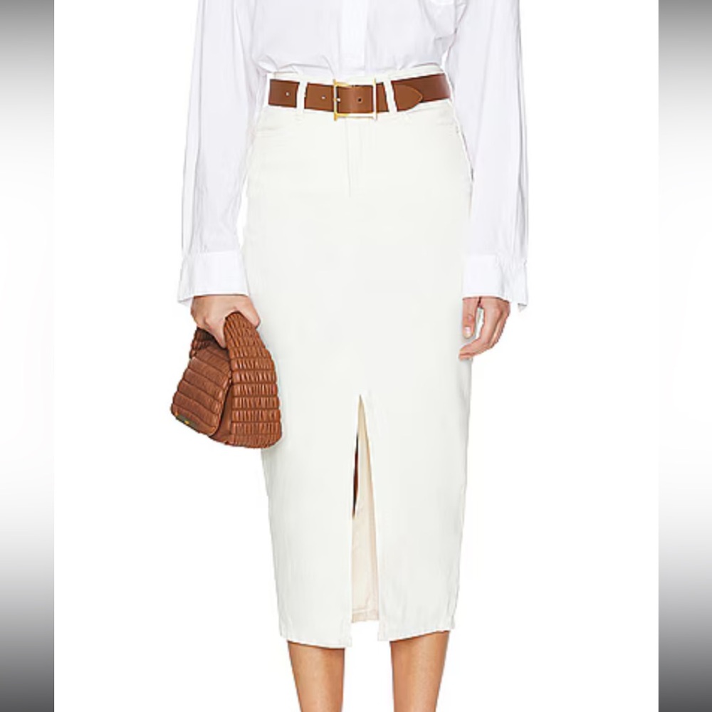 Good American Slit-Front Denim Midi Skirt - Cloud White, Size 10|30”